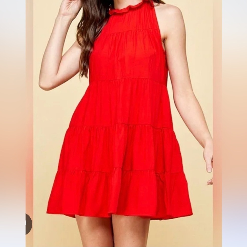 NWT Pinch Raye Halter Tiered Ruffle Red Pleated Halter Sundress